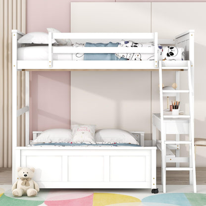 Full Over Full Bunk Beds with Desk, Wood Full Loft Bed Frame with Desk and A Stand-Alone Bed, L-Shaped Bunk Bed for Kids, Teens, Adults (Bottom Bed Can Be Moved, White)