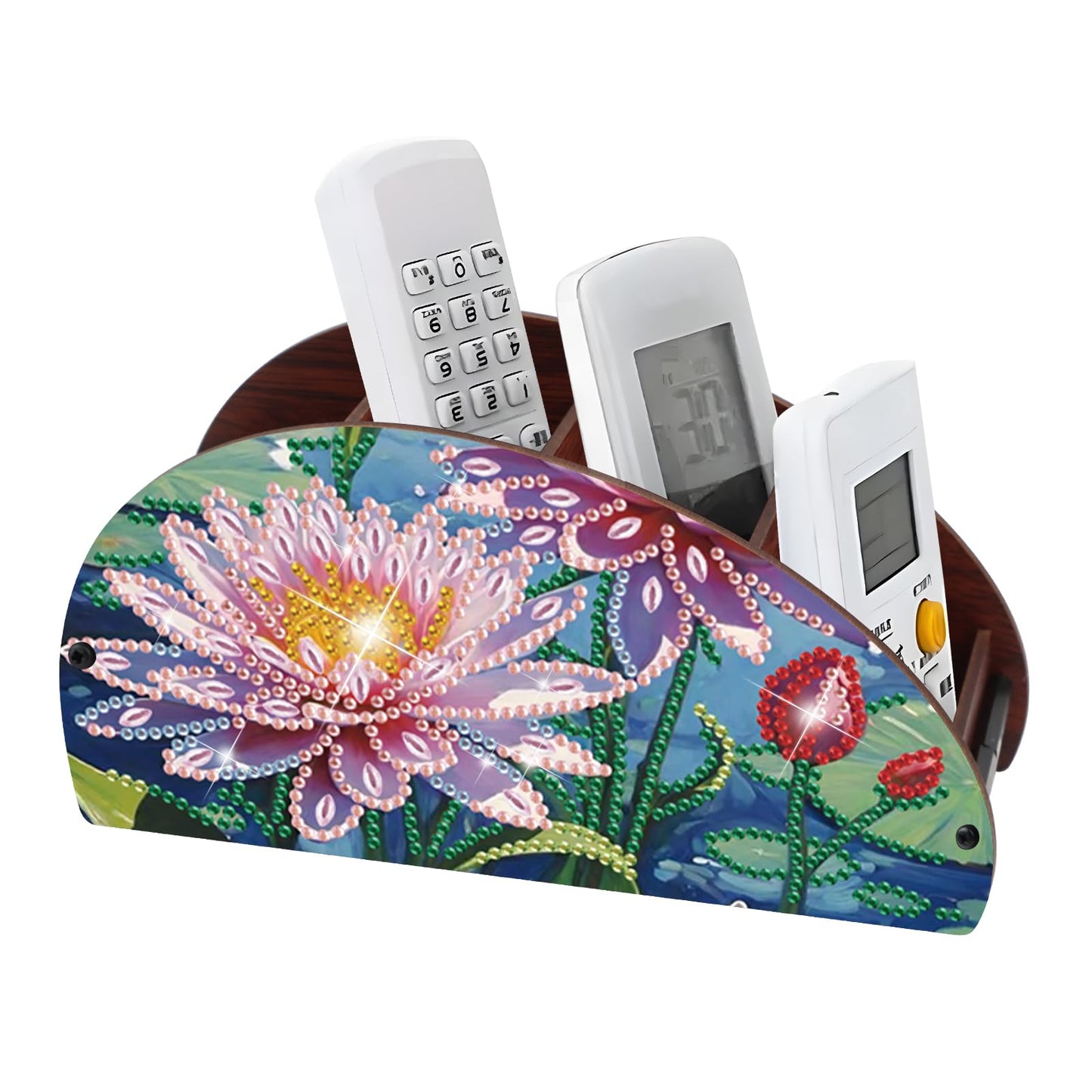 DIY Diamond Painting Storage Box, Pink Lotus Design Handmade 5D Diamond Art Case Multi-Compartment Wooden Desktop Organizer for TV AC Remotes Makeup Brushes Pens Holder Tabletop Craft Storage