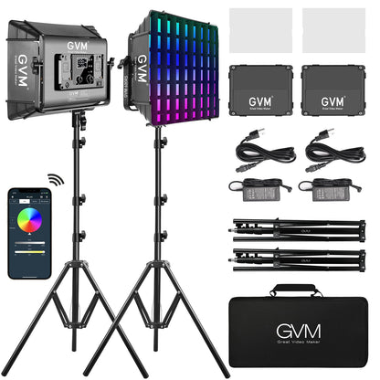 GVM RGB Photography Lighting Kits with 2 Softboxes, 680RS 50W Studio Lights with Bluetooth Control, 2 Packs Video Light with 18 Lighting Scenes, led Panel Lights for Video Recording, 8500lux/0.5m