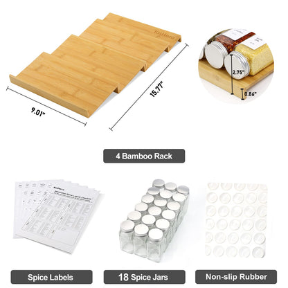 Spice Drawer Organizer with 24 Spice Jars and 216 Labels,Non-slip Rubber, Bamboo 4 Tier Spice Racks Tray Seasoning Containers for Kitchen Drawers,Cabinets,Countertops,13" Wide * 15.8" Deep