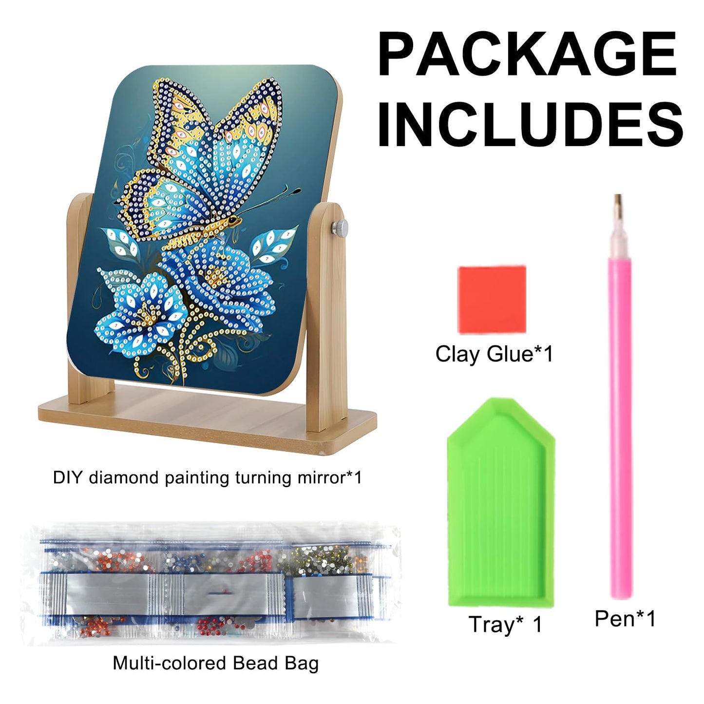 Diamond art Painting Flip Mirror，DIY Butterfly and flowers Rotatable Mirror , 5D Special Shape Diamond Wooden Material Desktop Decor Vanity Mirror Kit, Unique decoration of the desktop in the room