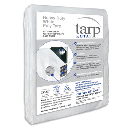 Kotap 25 x 40 Ft. Heavy-Duty Protection/Coverage Tarp, Superior Weave for Greater Longevity 8-mil, Multi-Use, Waterproof, White, 1-Pack (TRW-2540)