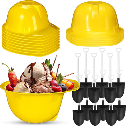 12 Sets 8 oz Uiifan Construction Ice Cream Bowls with Shovel Spoons, Plastic Helmet Dessert Cups Snack Bowls