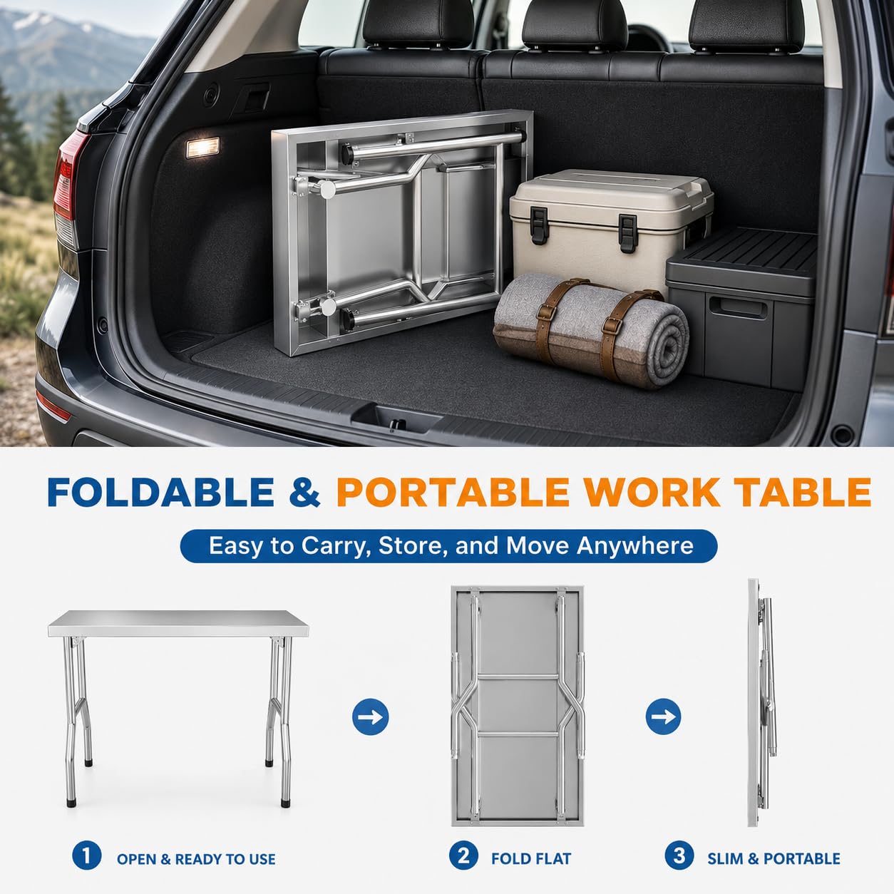 Chingoo Stainless Steel Folding Table 48 x 24 Inch Commercial Workbench with Removable Undershelf, Collapsible Portable Utility Table for Kitchen, Outdoor BBQ, Restaurant, Garage
