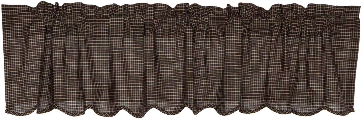 VHC Brands Kettle Grove Window Curtain, Plaid Valance Scalloped, Black, 16x72