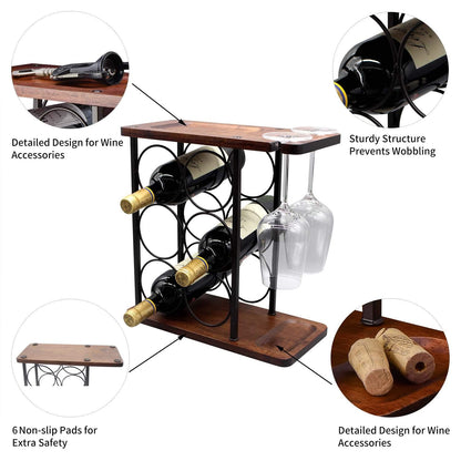 SASIDO Wine Racks Countertop, Wine Holder and Glasses Rack, Wooden Wine Stand with Tray, Perfect for Home Decor & Kitchen Storage Rack etc (Hold 6 Bottles and 2 Glasses)