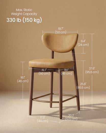 VASAGLE Wooden Bar Stools Set of 4, Upholstered Counter Height Barstools with Solid Wood Legs, Ergonomic Backrest, Mid Century Modern, for Kitchen Island, Synthetic Leather, Caramel Brown