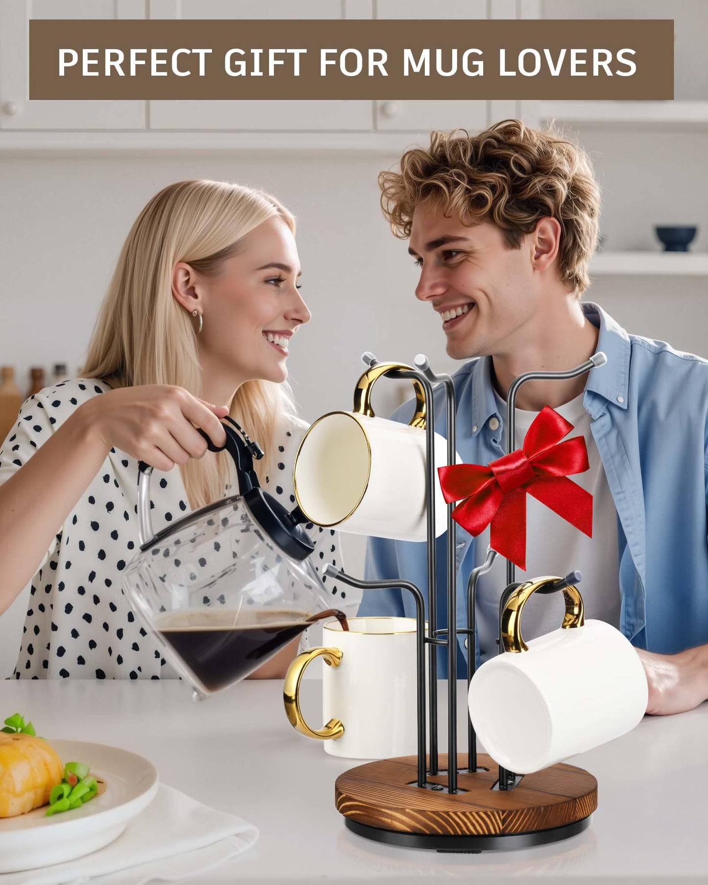 HULISEN 360° Rotating Mug Tree for Large Cups, Counter Coffee Mug Holder with 6 Hooks, Metal Coffee Cup Rack Stand for Countertop with Stable Wooden Base, Kitchen Counter Decor