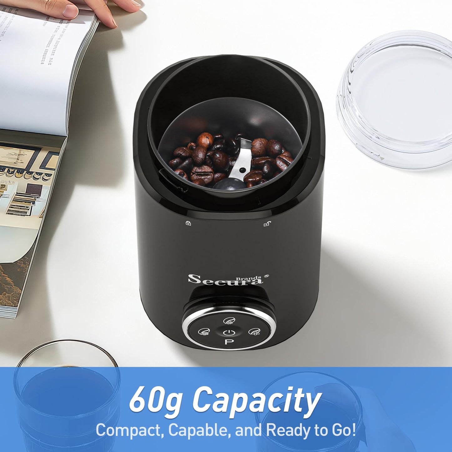 Secura Brands Electric Coffee Grinder with Coarse to Fine Multiple Grind Setting for Coffee Bean, Spices & Herbs, Black