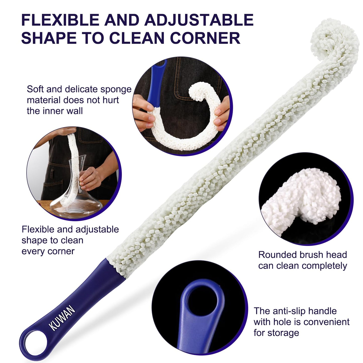 KUWAN Bottle Cleaning Brush Multi-Function Household Tools Flexible Bottle Scourer for Some Decanters, Goblets, Glasses, Cups (Long 3pcs)