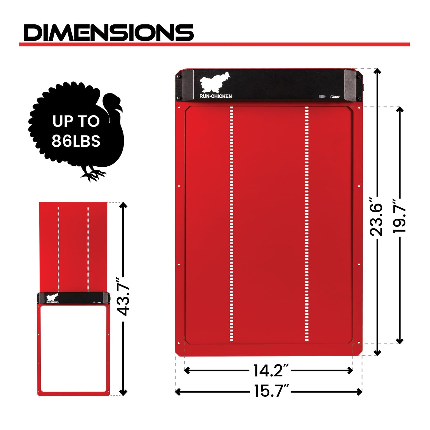 RUN-CHICKEN Door Giant – Large Automatic Poultry Coop Door for Ducks & Turkeys, Not for Chickens, Battery Powered/Solar Compatible, Heavy-Duty Aluminum, Predator Proof, Easy Install (Red)
