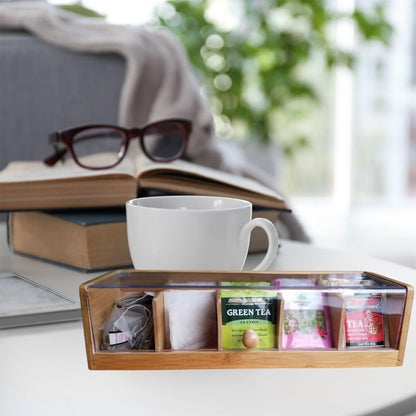 RRRICO Bamboo Tea Box with Clear Acrylic Lid – Tea Bag Organizer for Drawer Cabinet or Counter Tea Storage Box for Herbal Tea, Sugar Packets, Coffee Station Kitchen Tea Organizer with Compartments