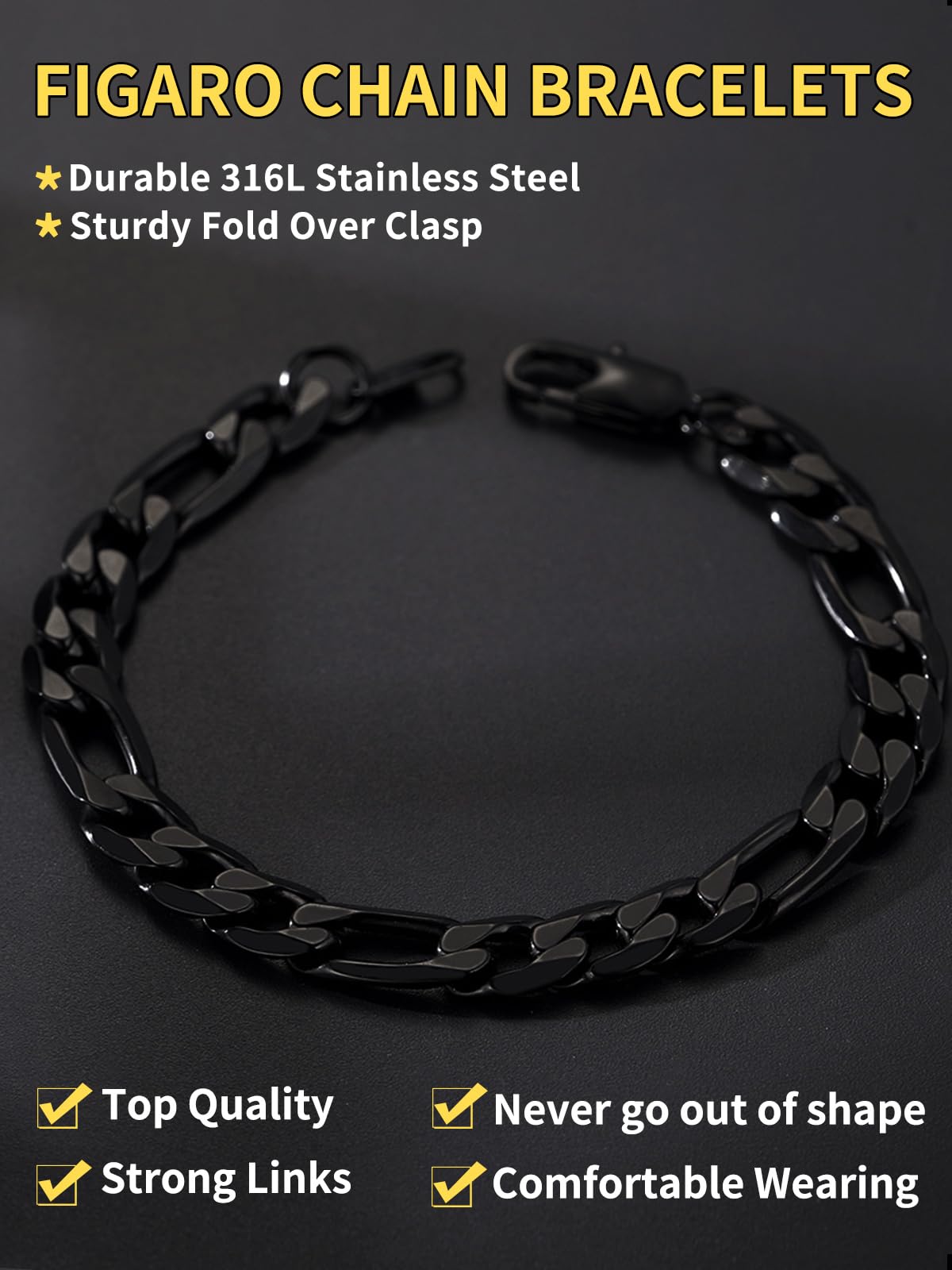 ChainsHouse Black Steel Bracelet Men and Womens 9mm 8.3/'' Punk Hip Hop Jewelry Stainless Steel Figaro Bracelets'' }
