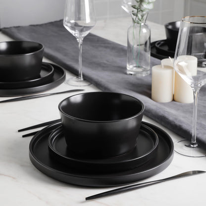 Stone Lain Celina Stoneware 16 Piece Modern Dinnerware Set, Plates and Bowls, Black Matte, Service for 4, Microwave & Dishwasher Safe