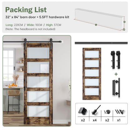 ROYMELO 32x84 Inch Glass Sliding Barn Door Slab and 5.5ft Hardware Kit Included, 5 Frosted Glass, LVL Wood Panel Covered with Brown Water-Proof Scratch-Proof PVC Surface, Simple DIY Assembly