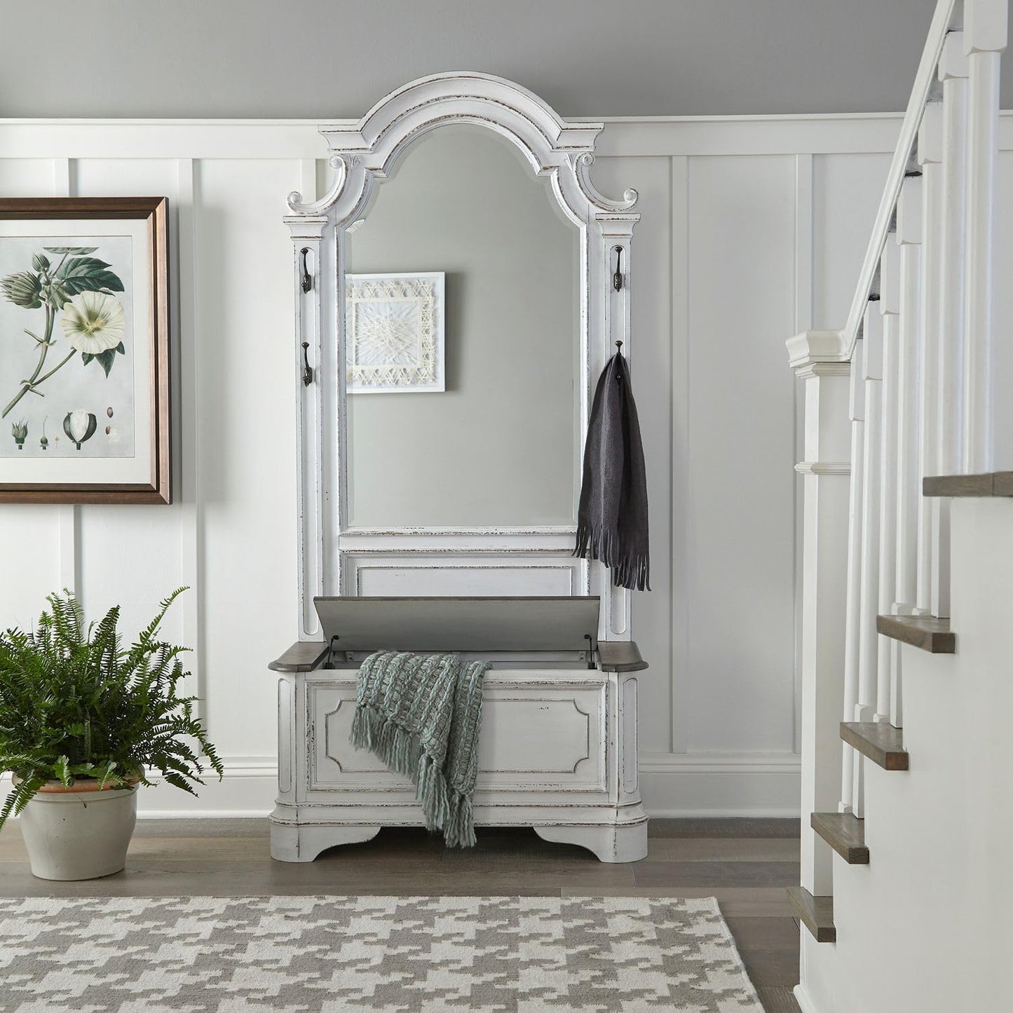 Liberty Furniture Magnolia Manor 2 Piece Hall Tree Set with Arched Mirror & Lift Top Bench European Traditional - Antique White & Weathered Bark