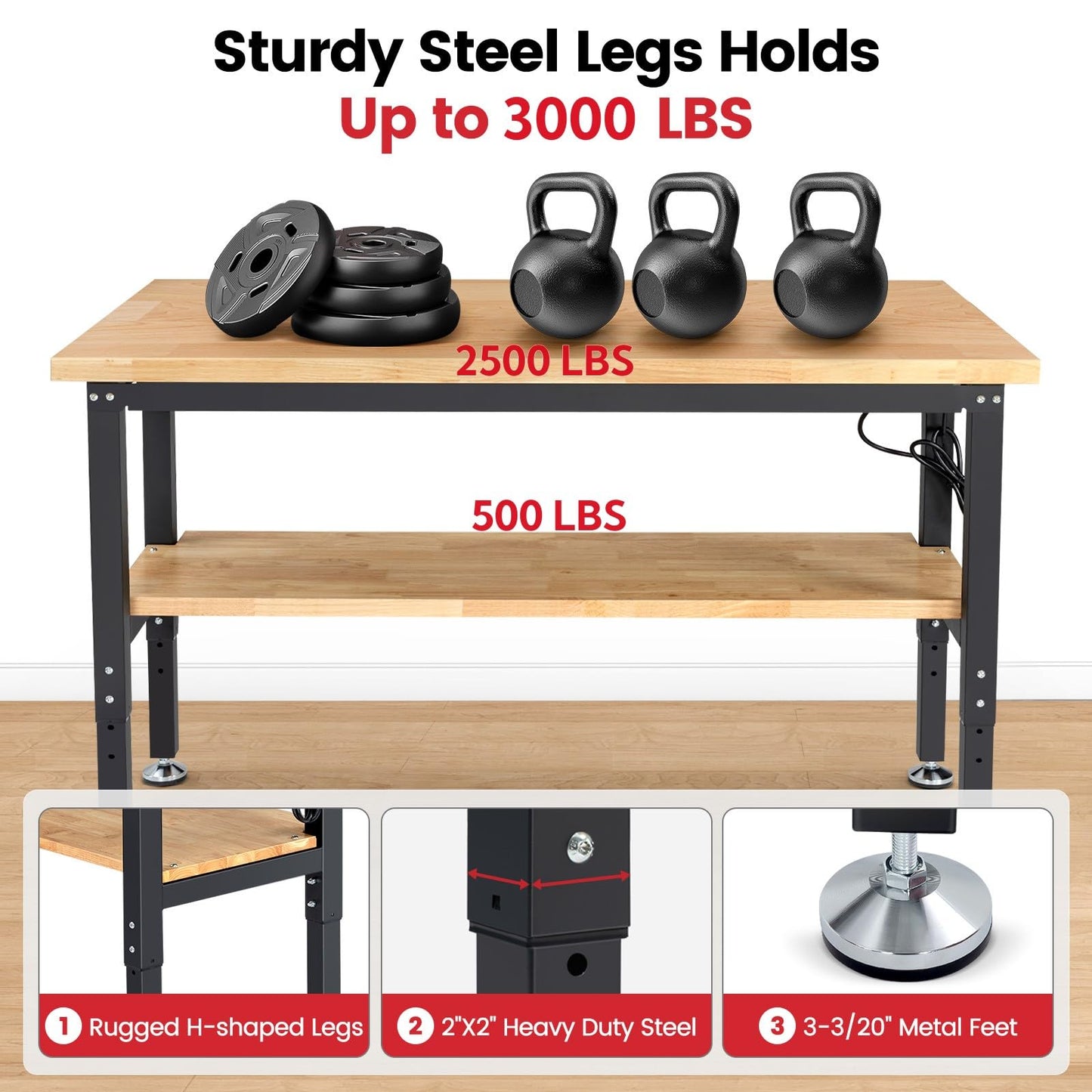 ENJOYWOOD 60" x 22" Adjustable Height Workbench with Under Table Shelf Heavy Duty Rubberwood Top Work Table for Garage, Workshop, Office & Home