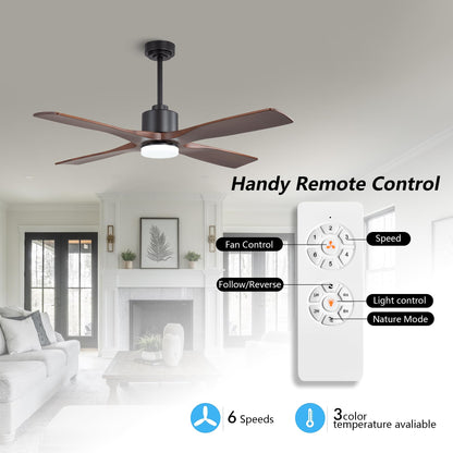WINGBO 54 Inch DC Ceiling Fan with Lights and Remote Control, 4 Carved Solid Wood Blades, 6-Speed Noiseless Reversible DC Motor, Modern Ceiling Fan in Black Finish with Walnut Blades