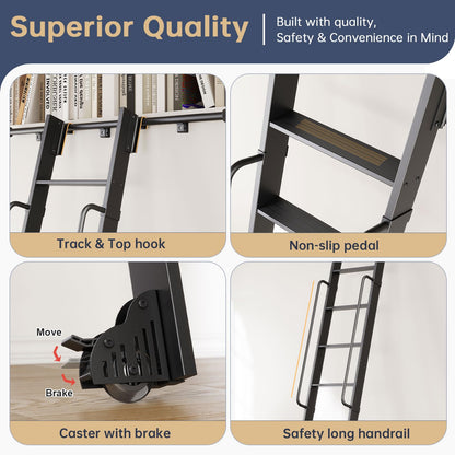 CEAKIAN 8FT Aluminum Rolling Library Ladder with 4FT Sliding Hardware Kit,Telescopic Hook Track with Brake Wheel,7 Steps with Handrail,450lbs Capacity,Black,Easy Assembly,for Loft Bookcase Attic Home