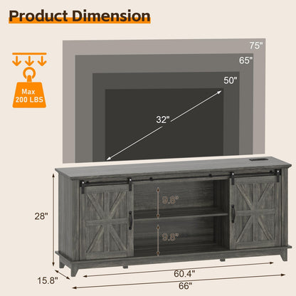 GarveeLife 66 in Farmhouse Sideboard Buffet Cabinet with Power Outlets, Entertainment Center with Sliding Barn Door & Large Storage Cabinets w/Adjustable Shelf, 28 in Tall TV Media Console, Dark Grey