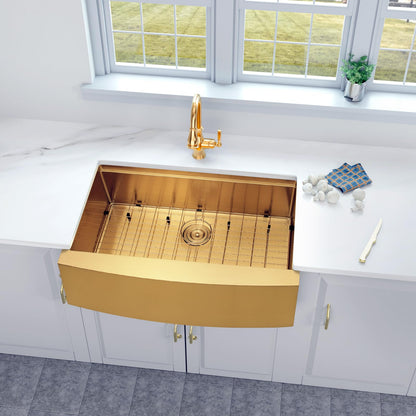 MONSINTA Gold Farmhouse Kitchen Sink, 16 Gauge SUS304 Stainless Steel Farm Sinks, All In One Workstation Sink with Ledge & Accessories, 33" x 20" x 10" Large and Deep Gold Undermount Kitchen Sink
