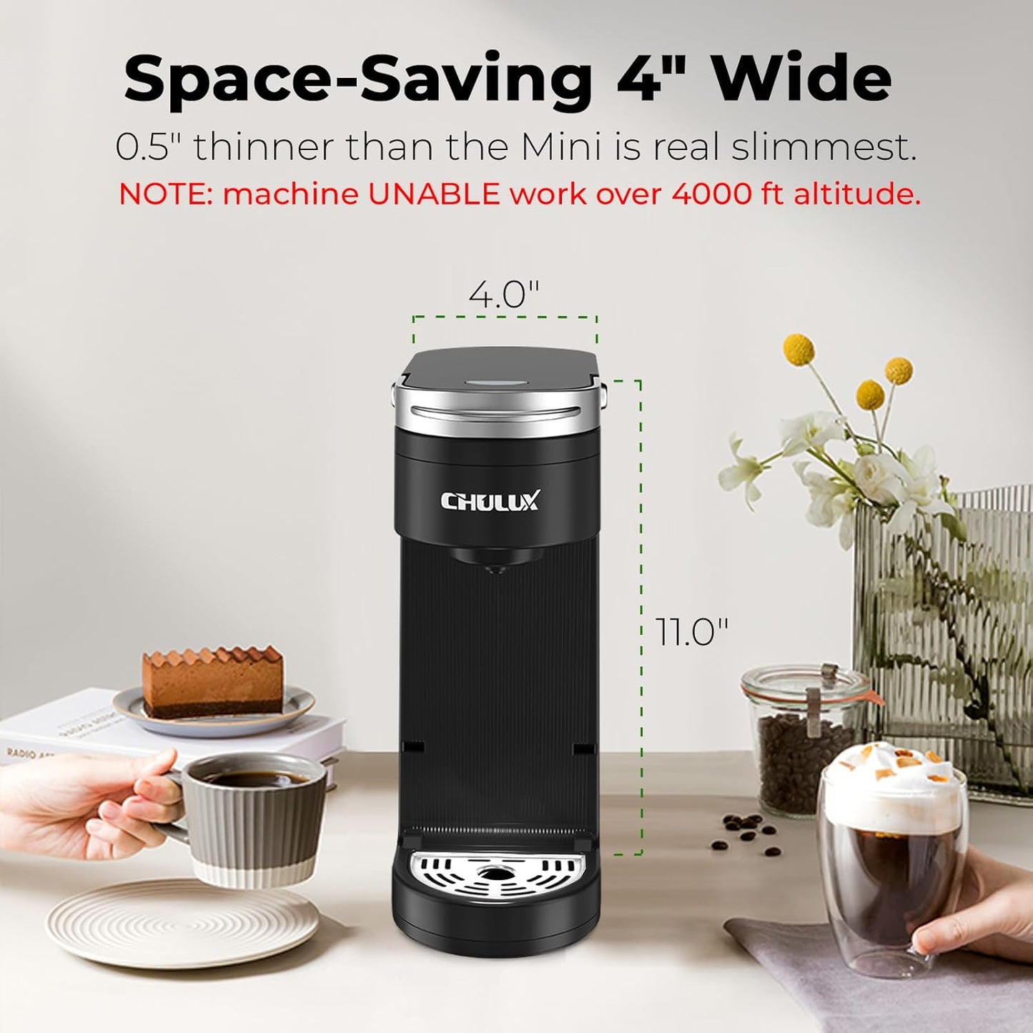 7.3" 6 12oz CHULUX Slim Single Serve Coffee Maker for K Pods, One Cup Coffee Maker Fits Travel Mugs, Coffee Machine