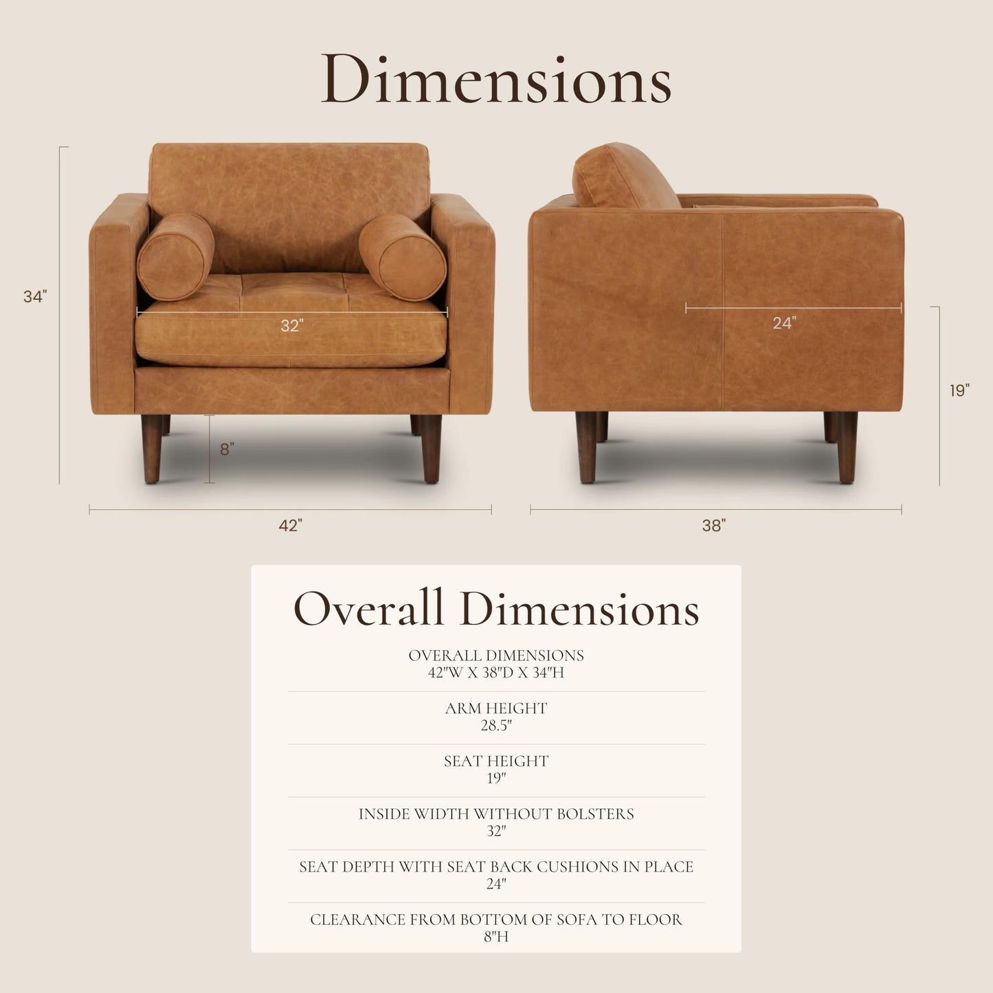 Poly & BARK Napa Leather Accent Chairs 42" – Set of 2 - Mid Century Modern Armchair with Bolster Pillows, Living Room or Bedroom Chair in Cognac Tan