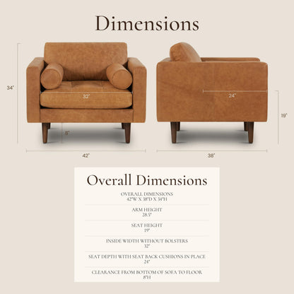 Poly & BARK Napa Leather Accent Chairs 42" – Set of 2 - Mid Century Modern Armchair with Bolster Pillows, Living Room or Bedroom Chair in Cognac Tan