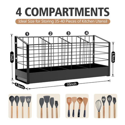 Dual-Use Large Utensil Holder with Effective Bottom Fence for Kitchen Counter & Wall Mount, 4-Compartment Organizer with Diatomaceous Earth Drying Mat, Holds 40 Cooking Tools, Iron, Matte Black 16 in