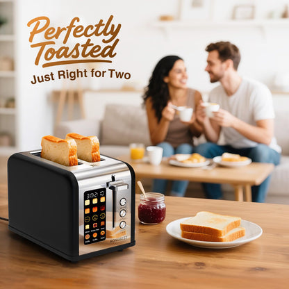 2 Slice Touch Screen Toaster Stainless Steel with Wide Slots, Even Toasting for Bagels & Bread, Defrost & Reheat, Easy Removable Crumb Tray, Matt Black