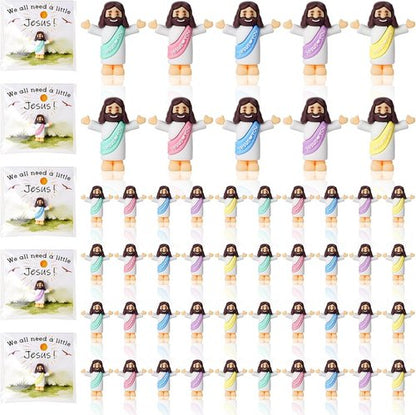Little Jesus Figurines - 50 Bulk Mini Jesus Statues with Prayer Cards & Bags for Easter Party Favors