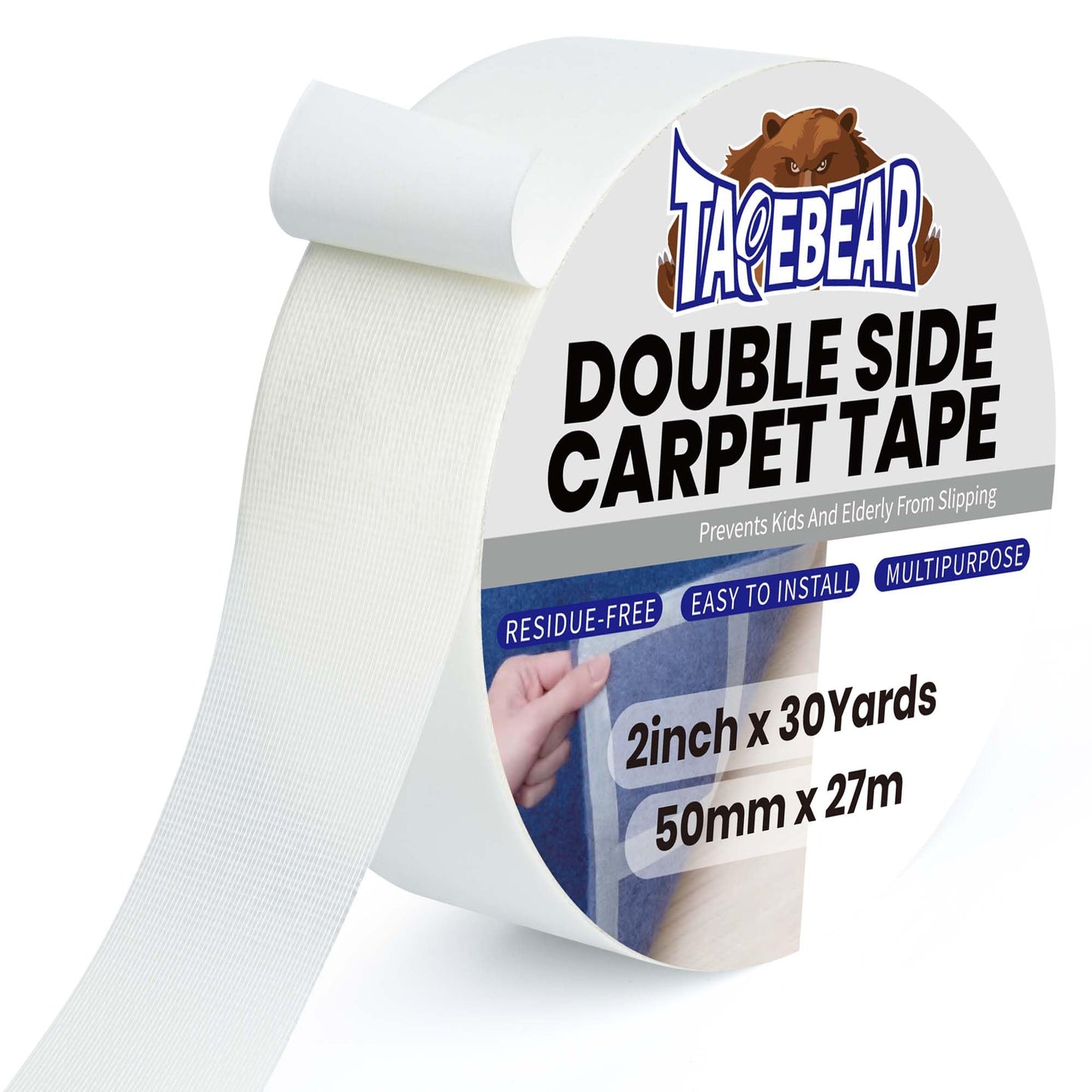 TAPEBEAR Carpet Tape Double Sided 2Inch x 30Yards, Heavy Duty Rug Gripper Anti Slip Anti Curling Floor Tape Residue-Free, Two Sided, Removable, Waterproof for Area Rugs, Mats, Strong Hold for Tile