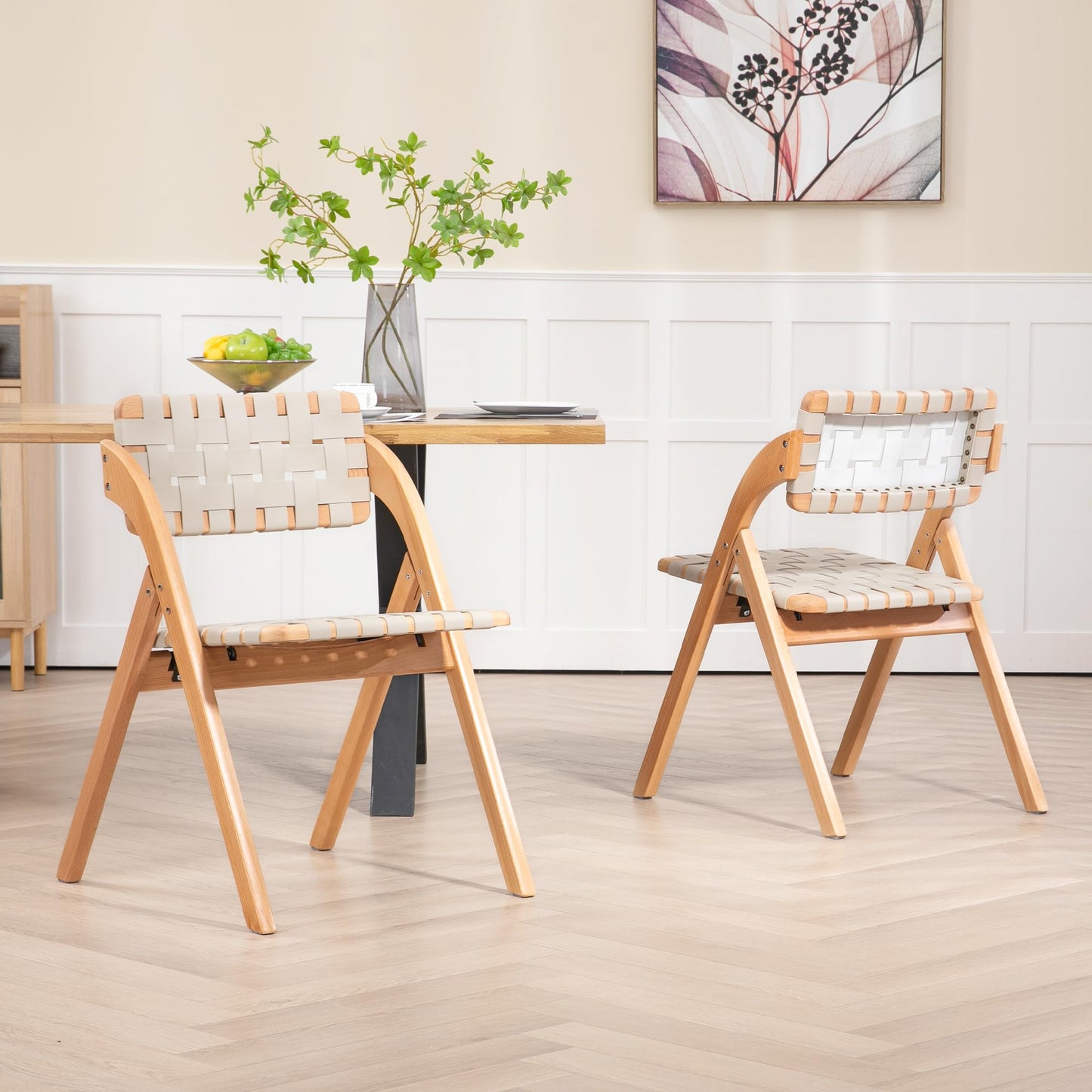 HOMEFUN Folding Dining Chairs Set of 2, Wooden Foldable Chair with Leather-Woven Backrest and Widened Seat Extra for Guests Kitchen Office Wedding Picnic Ivory-White