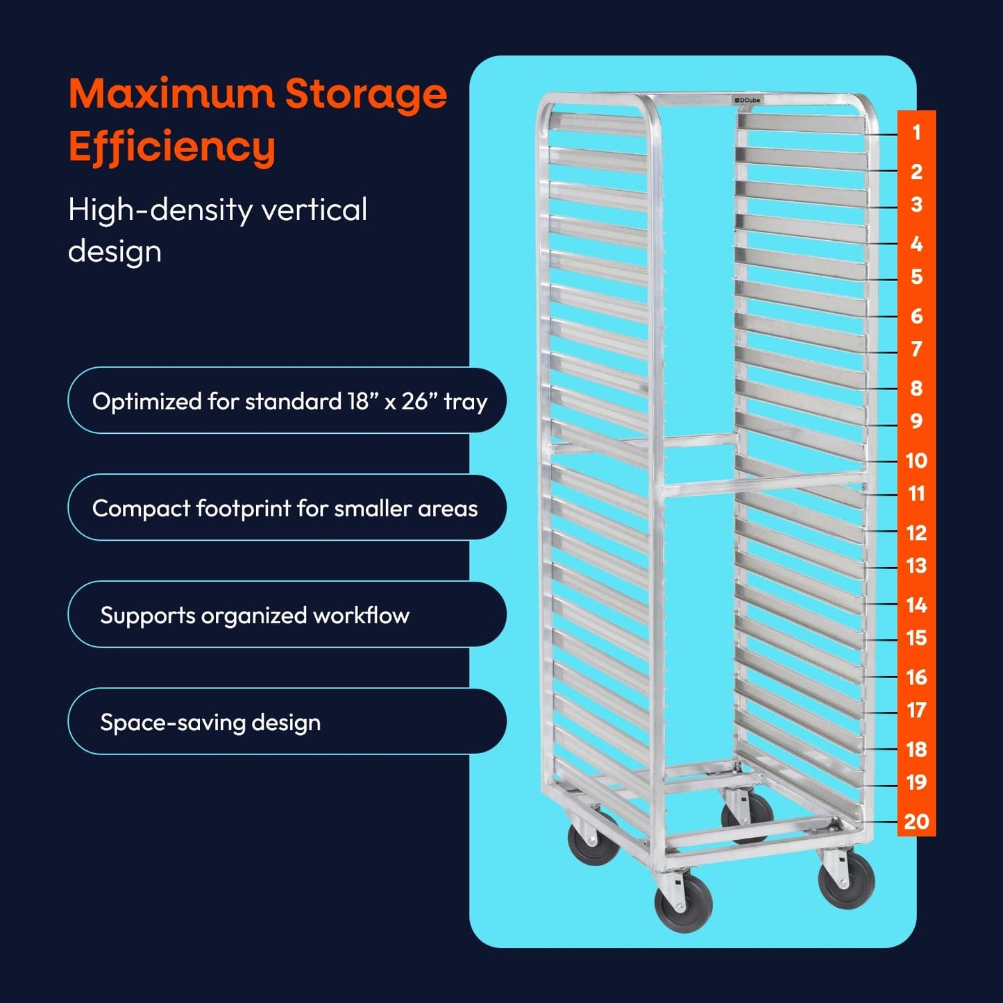DCUBE Aluminum 20-Pan Bakery Rack with 3" Spacing, Heavy-Duty Double-Welded Frame, Side Load Pan Slides, 5" Polyolefin Swivel Casters, Commercial Sheet Pan Rack for Bakery, Kitchen & Food Service