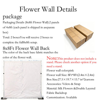 5D Realistic Rose Flower Wall Backdrop, 8×8FT Reusable Flower Wall Panel, Easy to Install & Store, Ideal for Wedding, Birthday Party & Home Decoration, Pink-to-White Gradient, Without Stand
