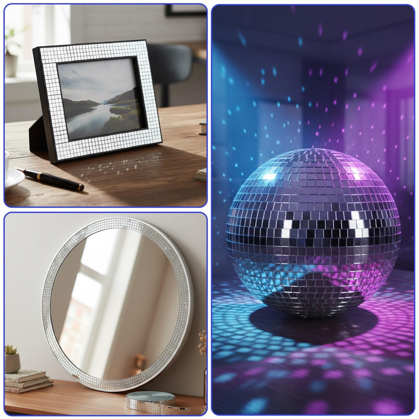 Afcabakila 15000PCS Disco Ball Mirror Tiles Self Adhesive Mosaic Tiles for Crafts, 5x5 mm Disco Ball Tapes Stickers Small Square for Interior, Vases, Photo Frames,and DIY Decoration Accessory