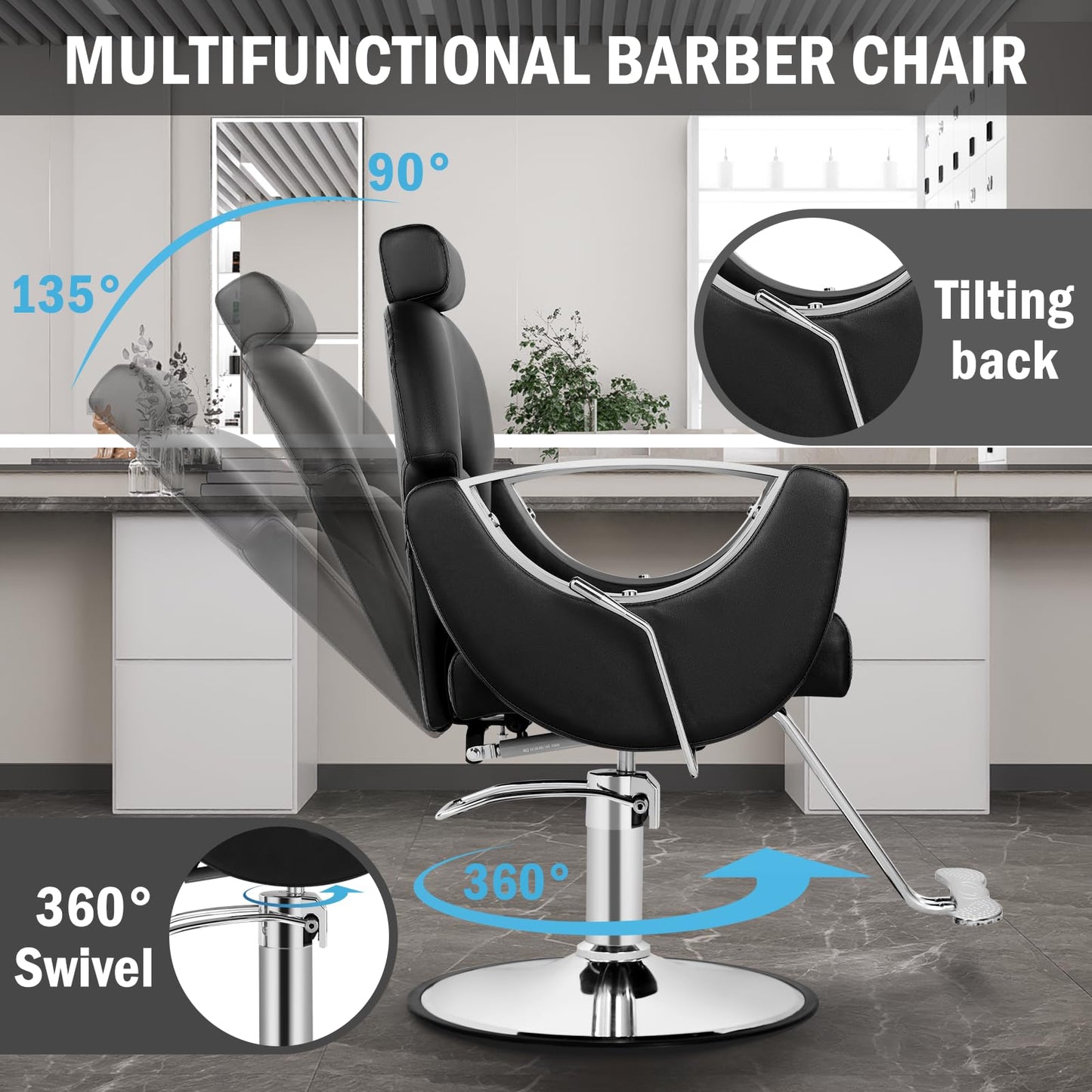 Tythical Reclining Salon Chair for Hair Stylist, Heavy Duty Hair Barber Chair with Adjustable Headrest, 360 Degree Swivel Beauty Spa Equipment Max Load 440Lbs, Black Silver