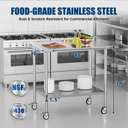 Chingoo Stainless Steel Work Table with Wheels, 30x48 Inch NSF Food Prep Table with Backsplash & Adjustable Undershelf for Kitchen, Restaurant, Garage