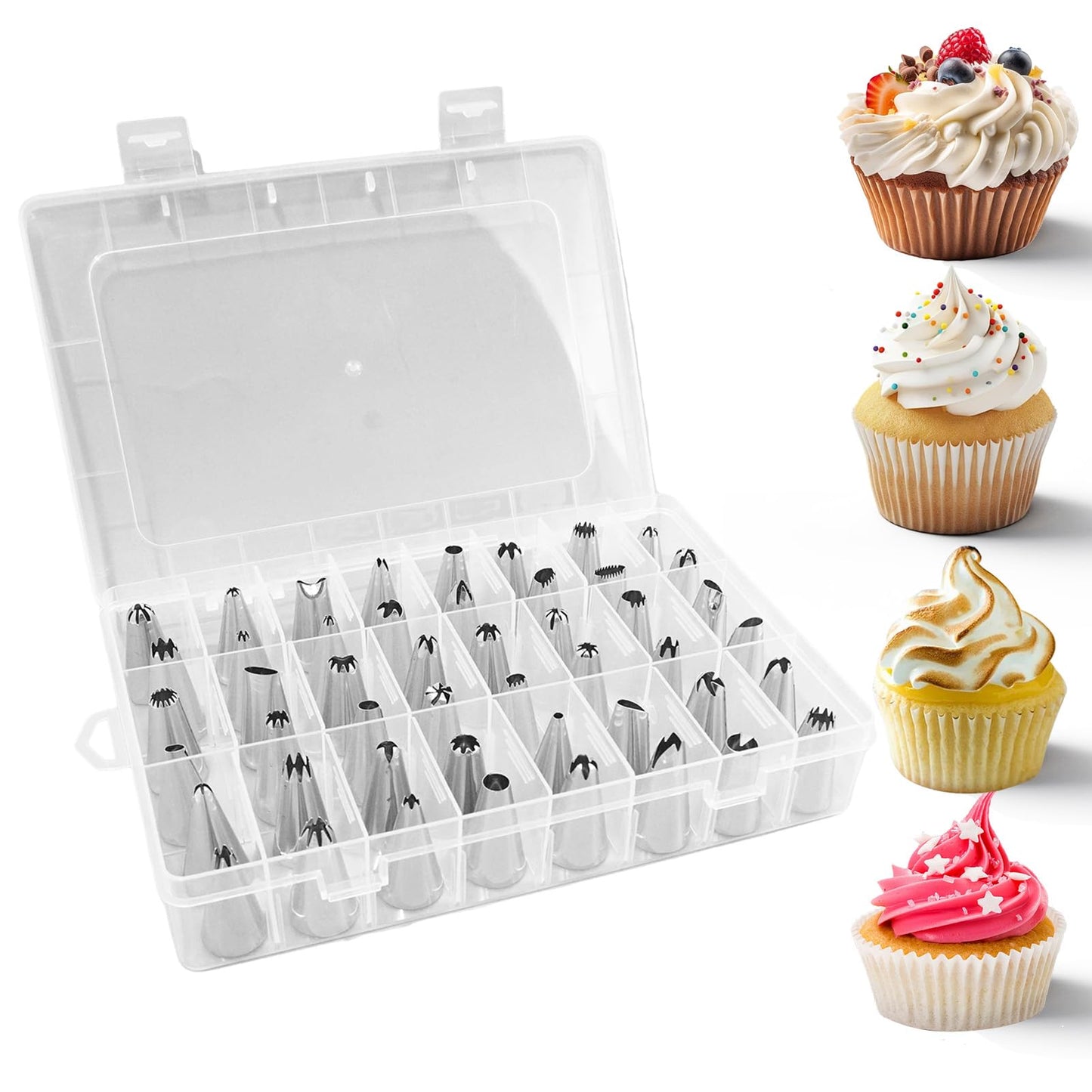 Vvluvva Piping Tips Set with Organizer Case, Stainless Steel Cake Decorating Tips for Cupcakes Cookies and Pastries, Cookie Icing and Buttercream Frosting Kit with Pattern Chart (A-48Pcs)