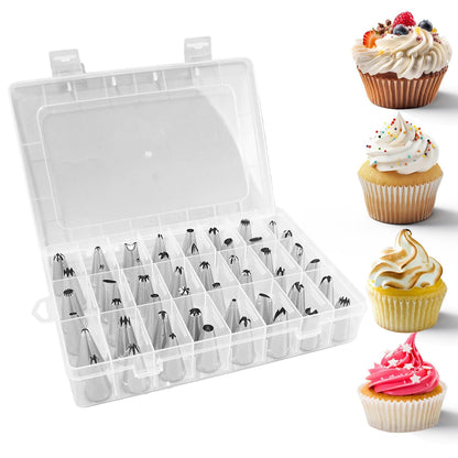Vvluvva Piping Tips Set with Organizer Case, Stainless Steel Cake Decorating Tips for Cupcakes Cookies and Pastries, Cookie Icing and Buttercream Frosting Kit with Pattern Chart (A-48Pcs)