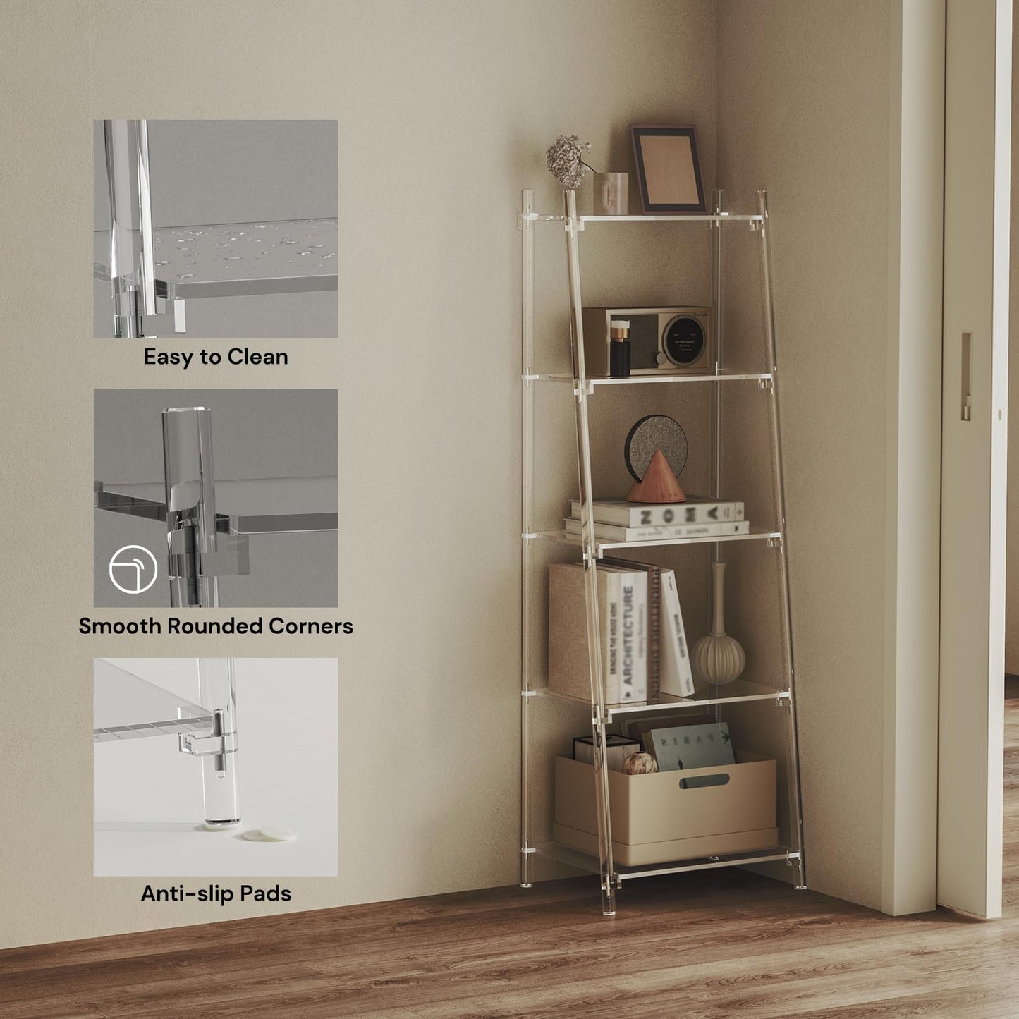CRTERICX Acrylic Ladder Bookshelf, 13.8" D x 20.5" W x 59" H, 5-Tier Tall Clear Bookcase, Multifunctional Storage Book Shelf for Living Room, Bedroom, Office, Modern, Easy Assembly