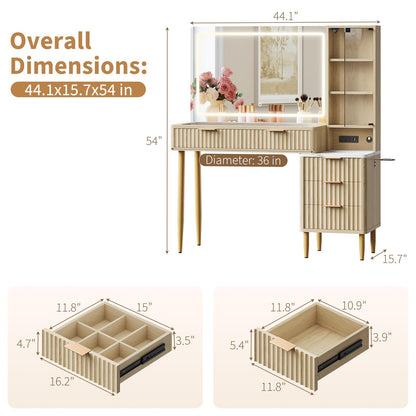 GarveeHome Makeup Vanity Desk with Lights, Fluted Wooden Dressing Table with 5 Drawers and Adjustable Shelves, Makeup Vanity Table Modern Glass Top with Charging Station for Bedroom (Oak)