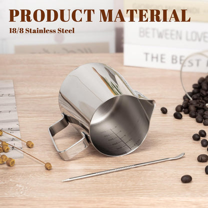 12oz Milk Frothing Pitcher - 304 Stainless Steel Milk Frother Cup with Clear Scale for Barista Accessories