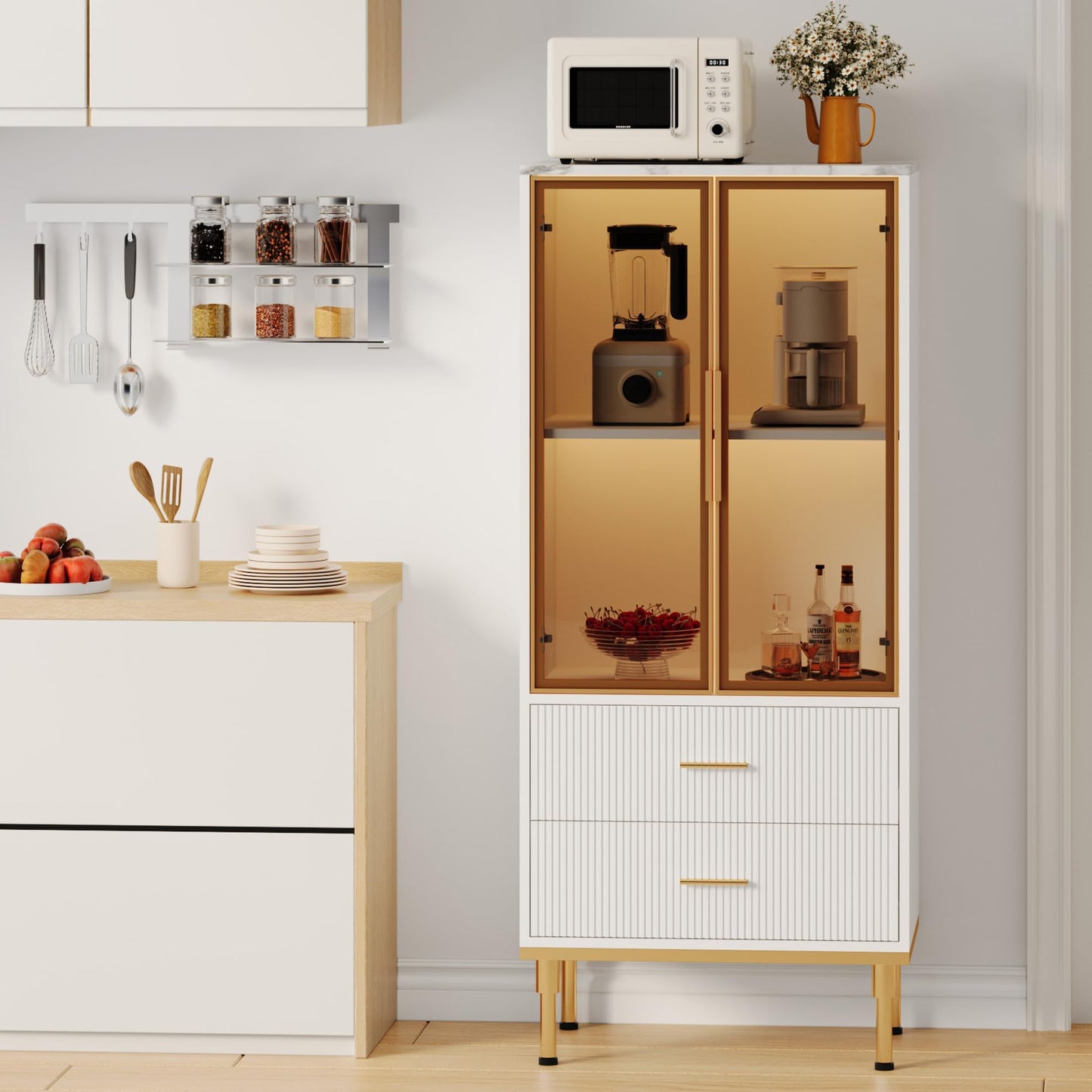 Fluted Glass Door Storage Cabinet - Modern White Display Cabinet with Adjustable Shelves & 2 Drawers for Kitchen Pantry or Living Room Organization(White)