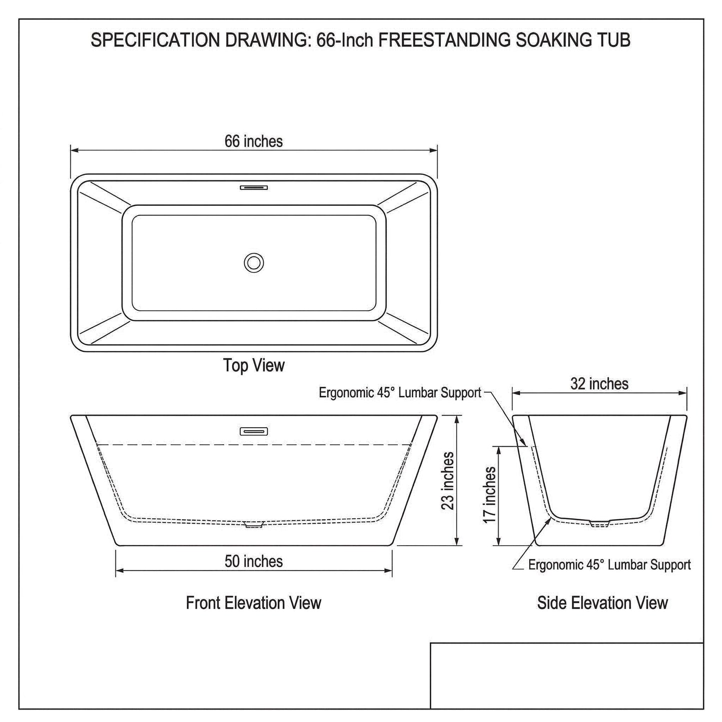 66" Acrylic Freestanding Soaking Bathtub, Matte Drain & Black Overflow, Modern Design Tub for Home Bathroom Renovations, Glossy White