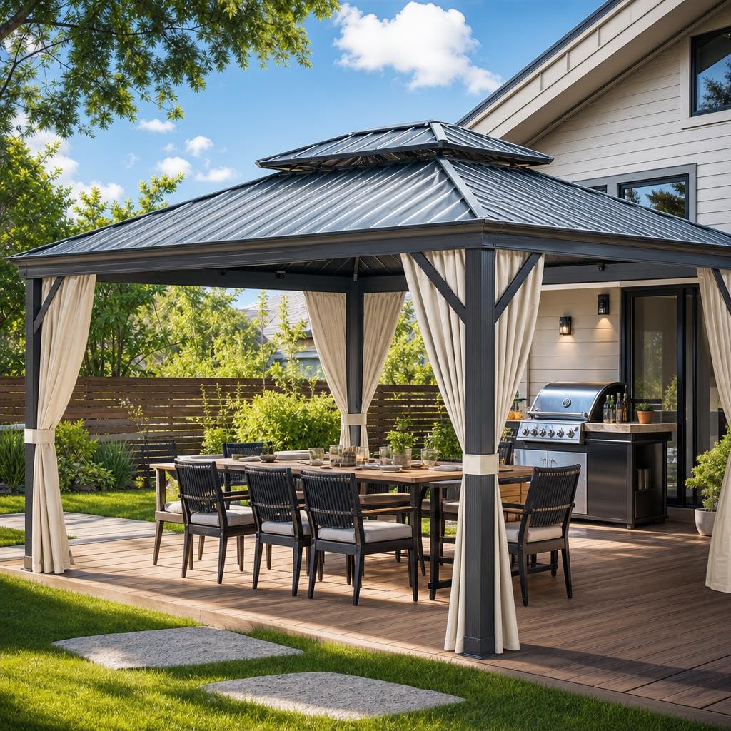 12'X14' Hardtop Gazebo, Metal Double Roof Aluminum Gazebos with Curtain and Netting, Permanent Galvanized Steel Pavilion, Heavy Duty Poles for Patio, Deck, Backyard, Lawn, Garden, Brown