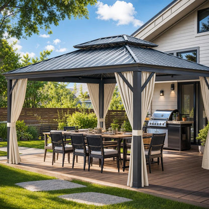 12'X14' Hardtop Gazebo, Metal Double Roof Aluminum Gazebos with Curtain and Netting, Permanent Galvanized Steel Pavilion, Heavy Duty Poles for Patio, Deck, Backyard, Lawn, Garden, Brown