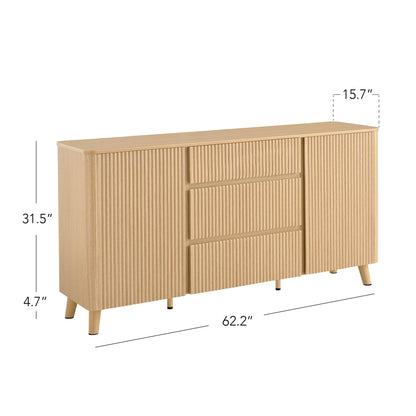 CHITA 62" Sideboard Buffet Cabinet with Storage, Fluted Cabinet with Drawers, Natural Oak