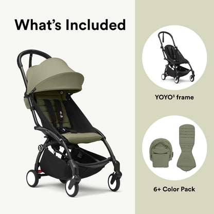Stokke YOYO3 Stroller from 6 Months - Includes Black Frame/Olive Seat Cushion + Canopy - Folds in & Out in a Flash - Light & Compact - Carry-On Compatible