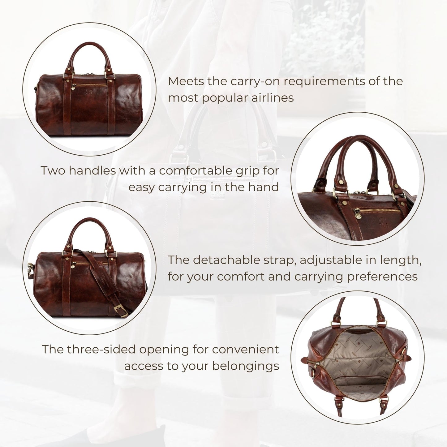 Time Resistance Full Grain Leather Small Duffel Bag - Gym Weekender Overnight Bag (Brown)